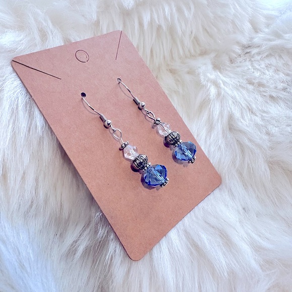 ๐Czech Blue Sapphire 8mmRound Faceted Round Beaded+Clear Crystal Silver Earring - Picture 3 of 16